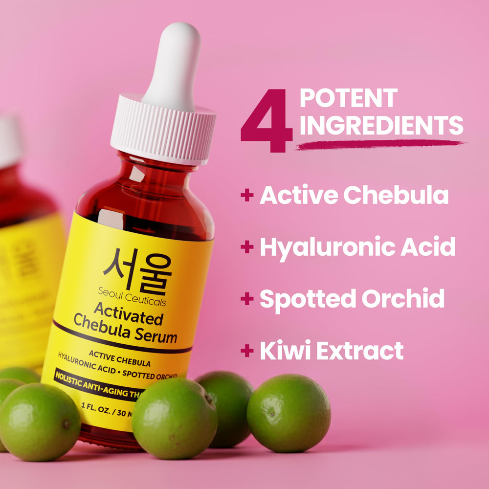 SeoulCeuticals Chebula Active Serum texture swirls on glass, hinting at smooth, even-toned skin.