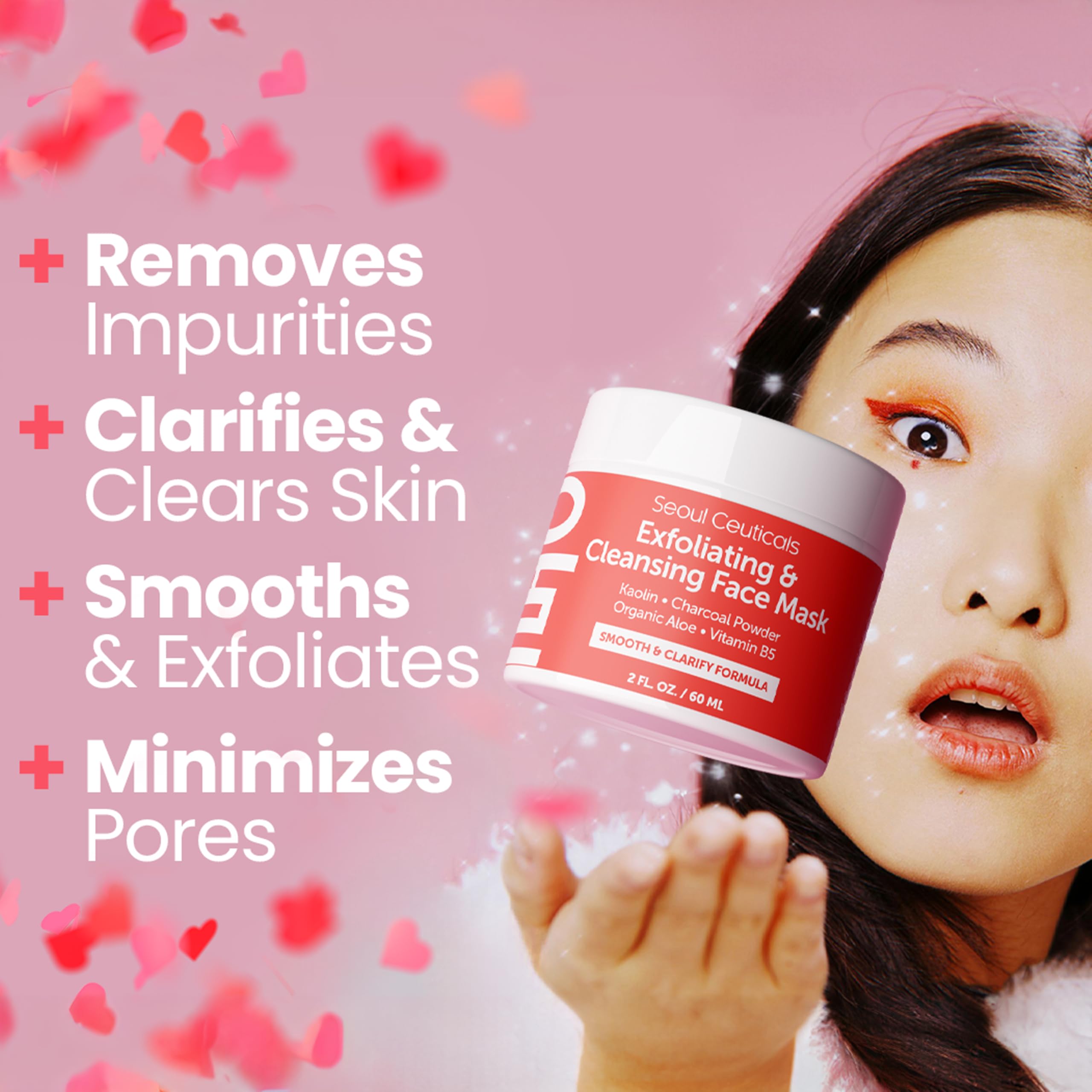 SeoulCeuticals kaolin clay charcoal powder detail emphasizes detoxifying, oil-control properties