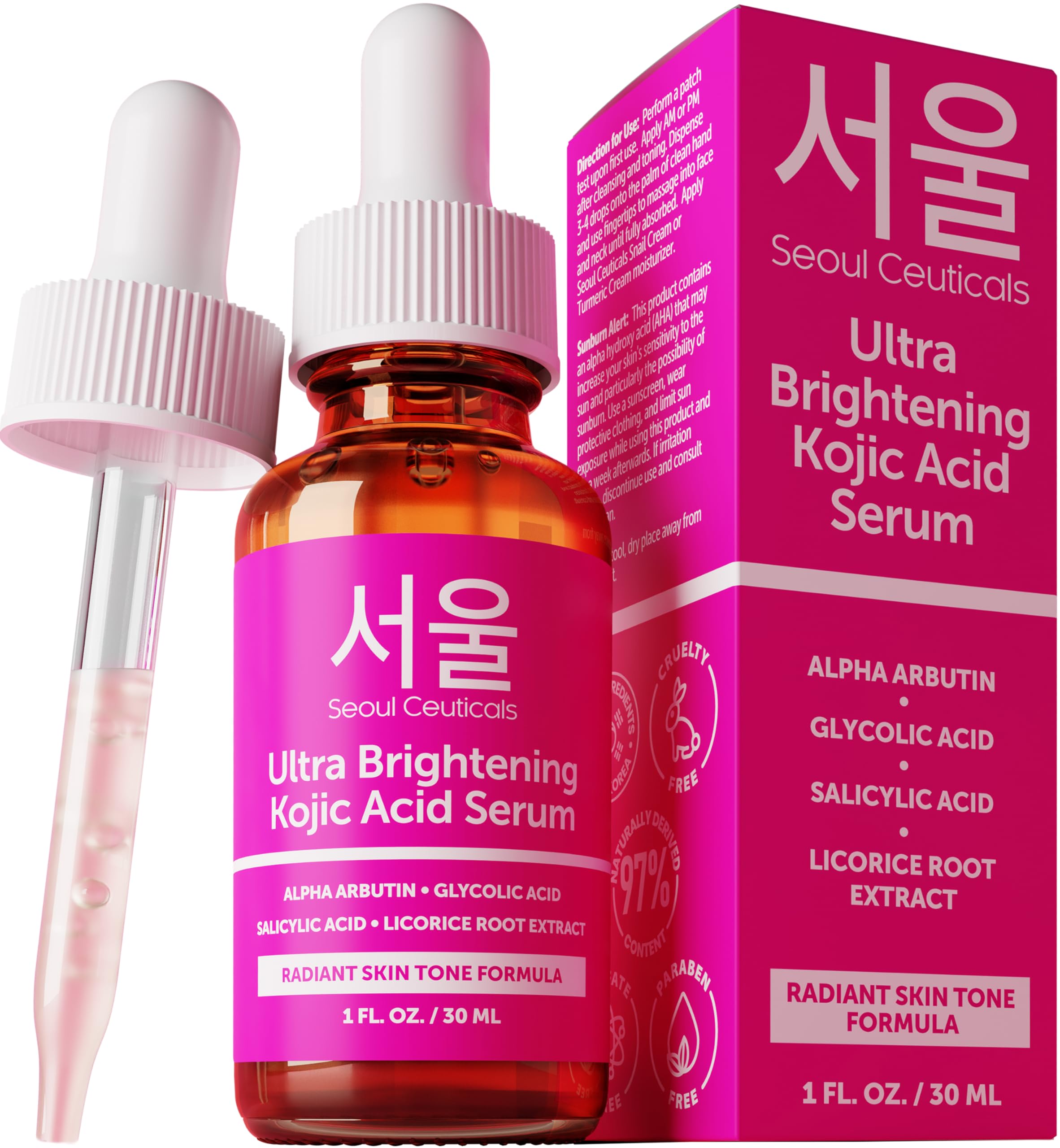 SeoulCeuticals Kojic Acid Serum bottle front for brightening dark spots