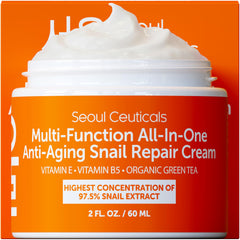 SeoulCeuticals snail mucin moisturizer bottle close-up highlights 97.5% filtrate for healthy-looking skin.