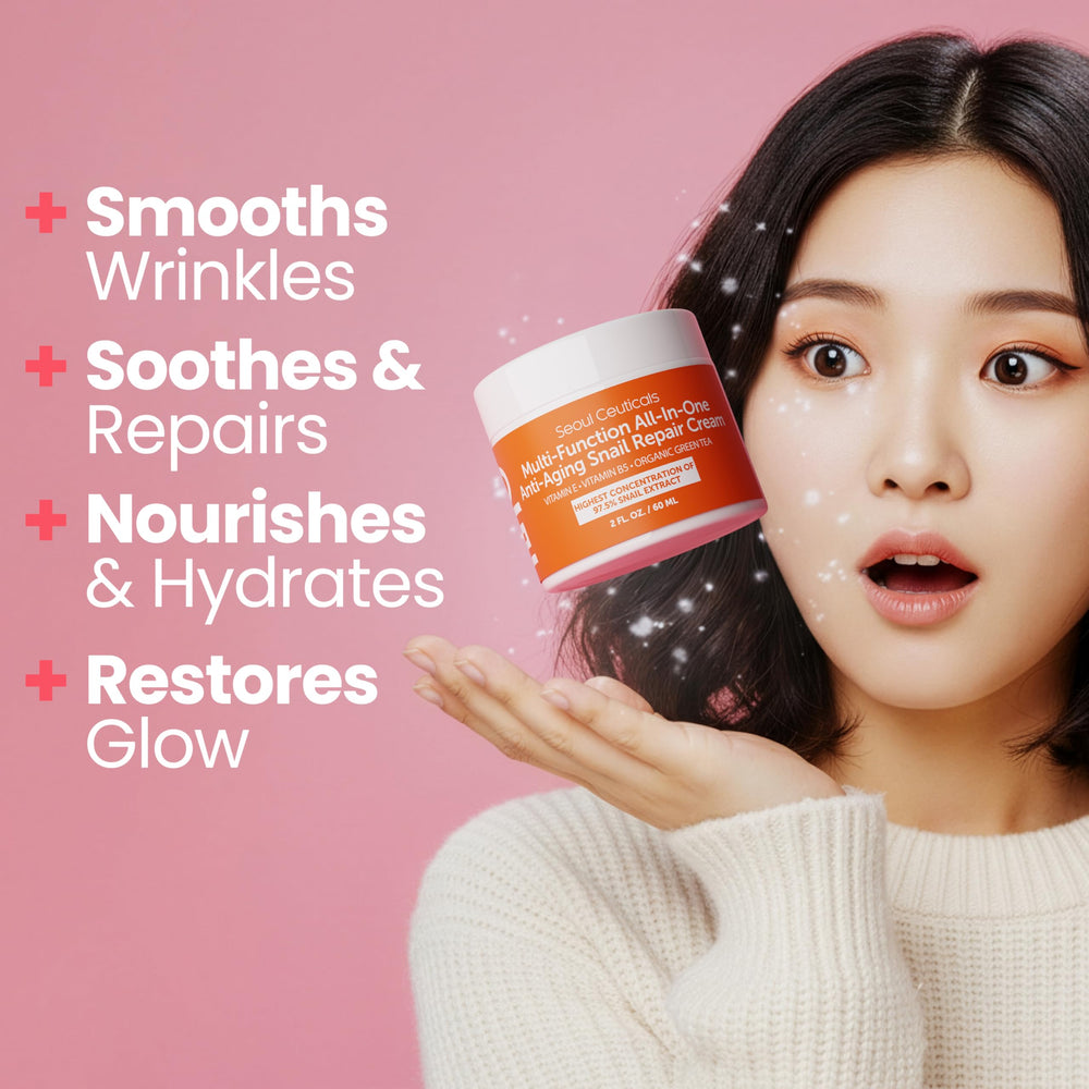 SeoulCeuticals Snail Mucin Moisturizer bottle pump demonstrates easy day and night application.