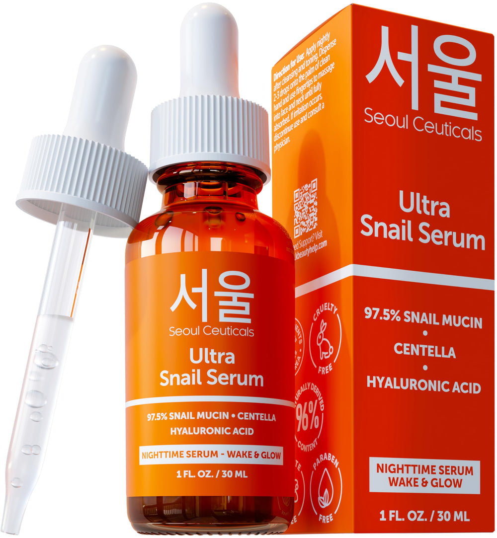 SeoulCeuticals snail mucin serum bottle ready for nighttime hydration and glow