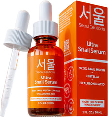 SeoulCeuticals snail mucin serum bottle ready for nighttime hydration and glow