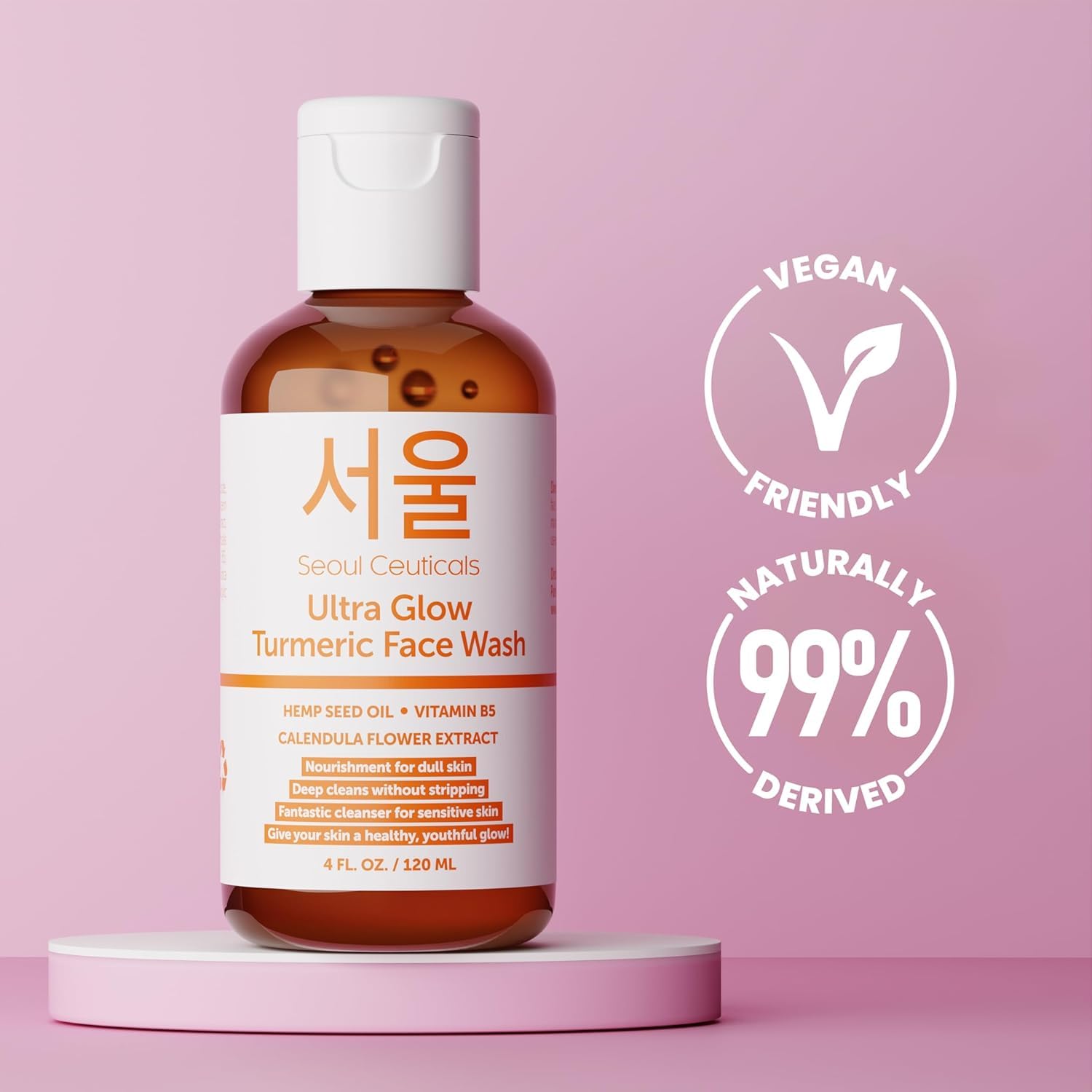 SeoulCeuticals turmeric face wash packaging on shelf showcases vegan cruelty-free promise