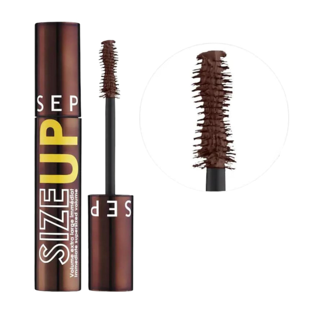 Sephora Favorites Size Up Volumizing Mascara brown brush angle demonstrates length and curl potential.