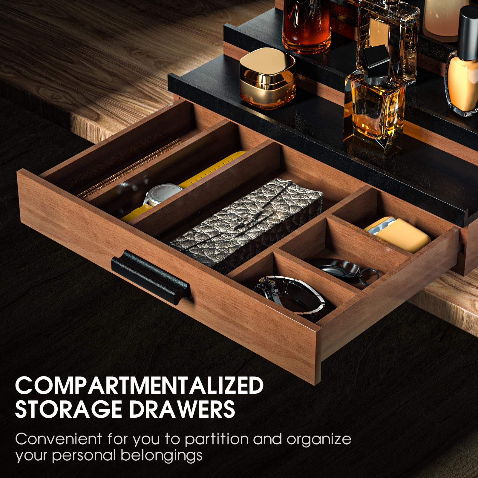 Sephyroth Cologne Display on dresser demonstrates elegant room décor and convenient bottle visibility.