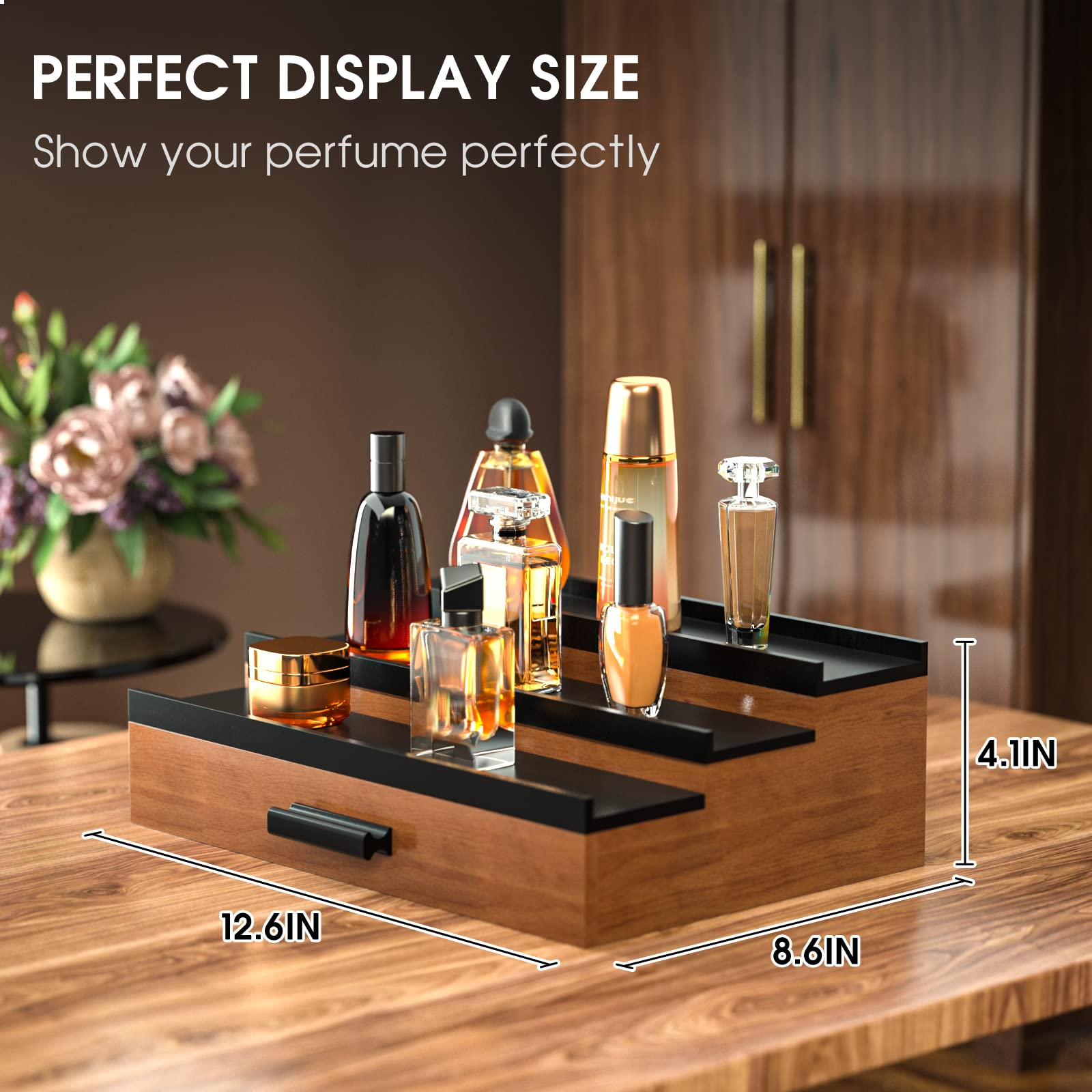 Sephyroth display shelf close-up, elevated perfume risers improve visibility and selection