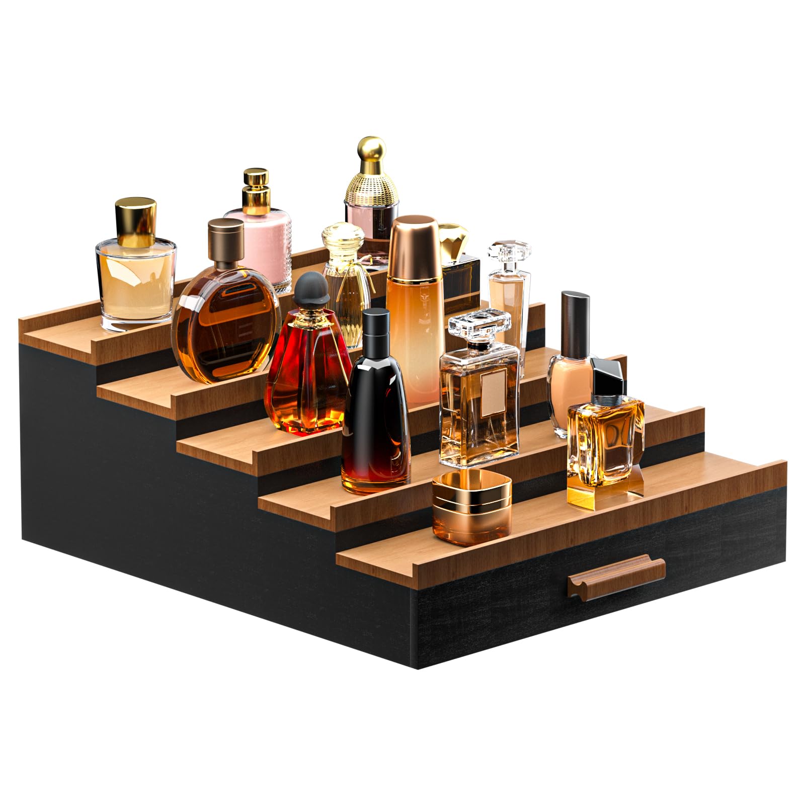 Sephyroth Cologne Organizer 5-tier bamboo display keeps fragrances organized.