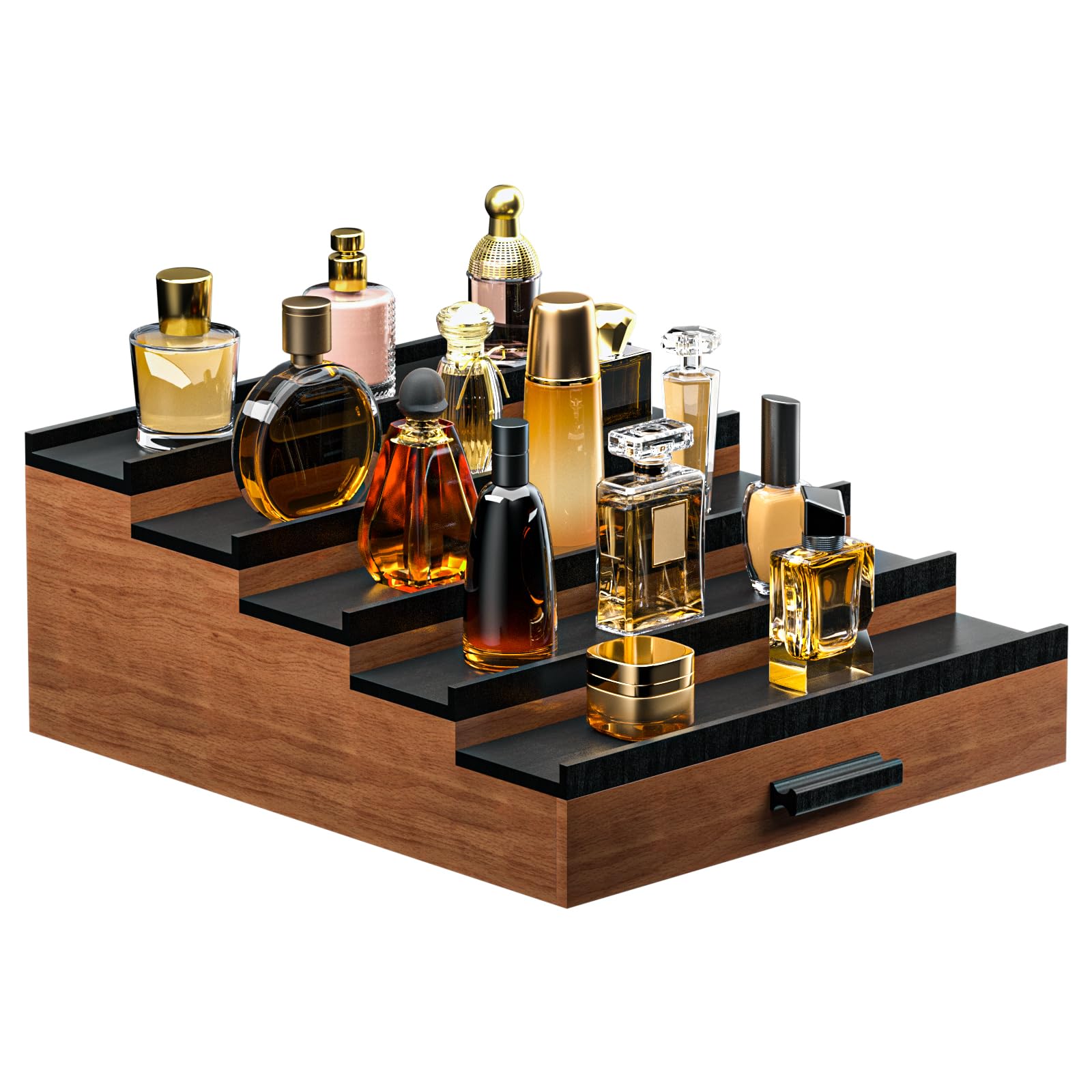 Sephyroth Cologne Organizer 5T Walnut-Black front view shows organized bottle display for easy access.