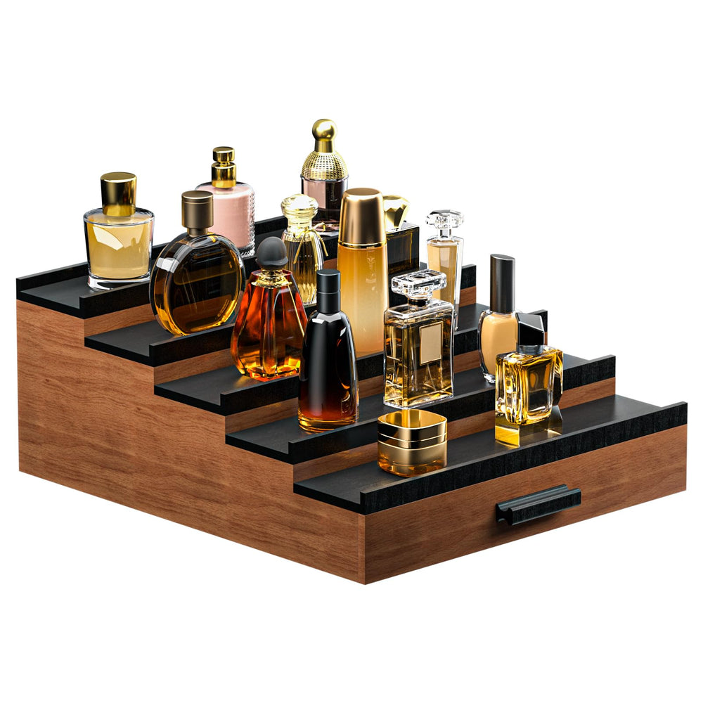 Sephyroth Cologne Organizer 5T Walnut-Black front view shows organized bottle display for easy access.