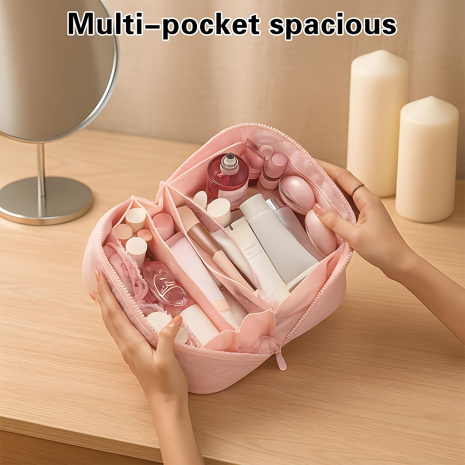 SEPSUMMER makeup bag leather top-handle for easy carry between destinations.