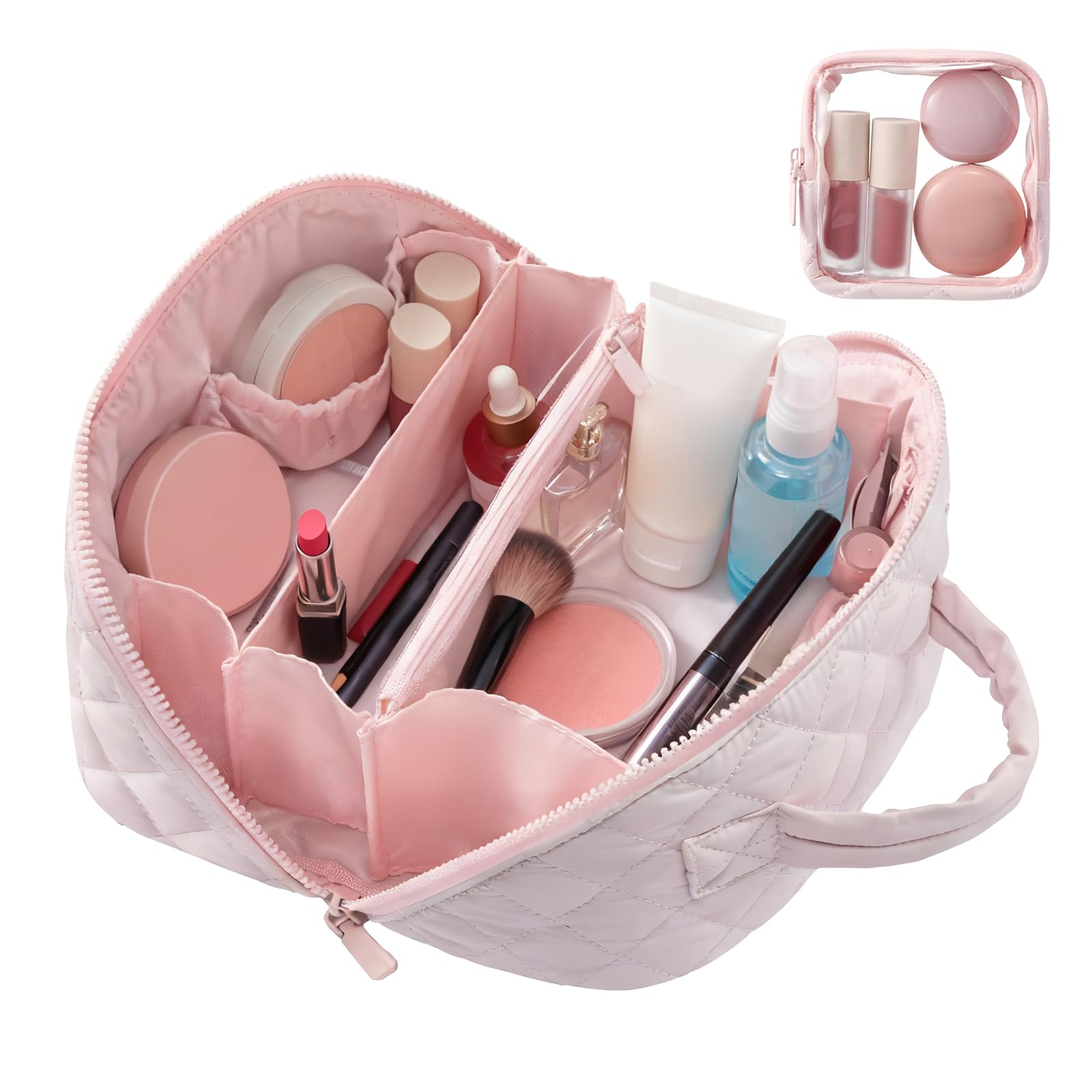 SEPSUMMER makeup bag pink wide-open design for quick access to cosmetics while traveling.