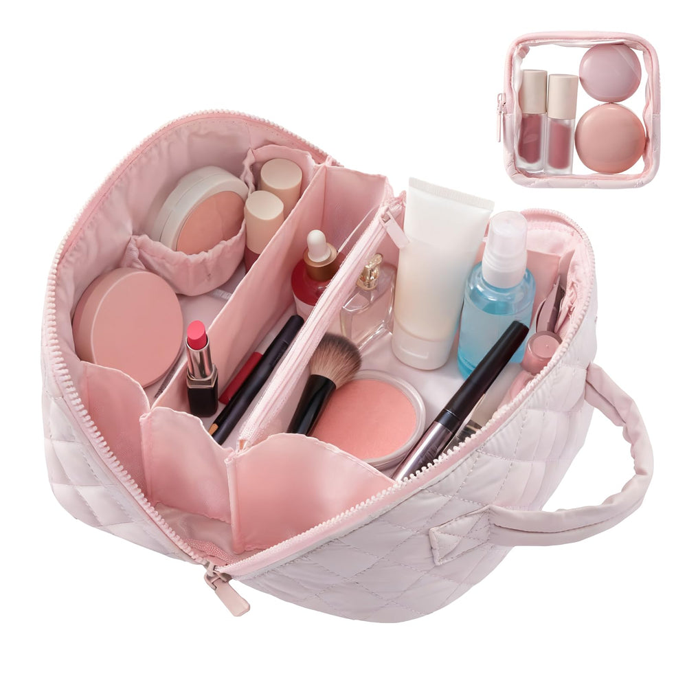 SEPSUMMER makeup bag pink wide-open design for quick access to cosmetics while traveling.