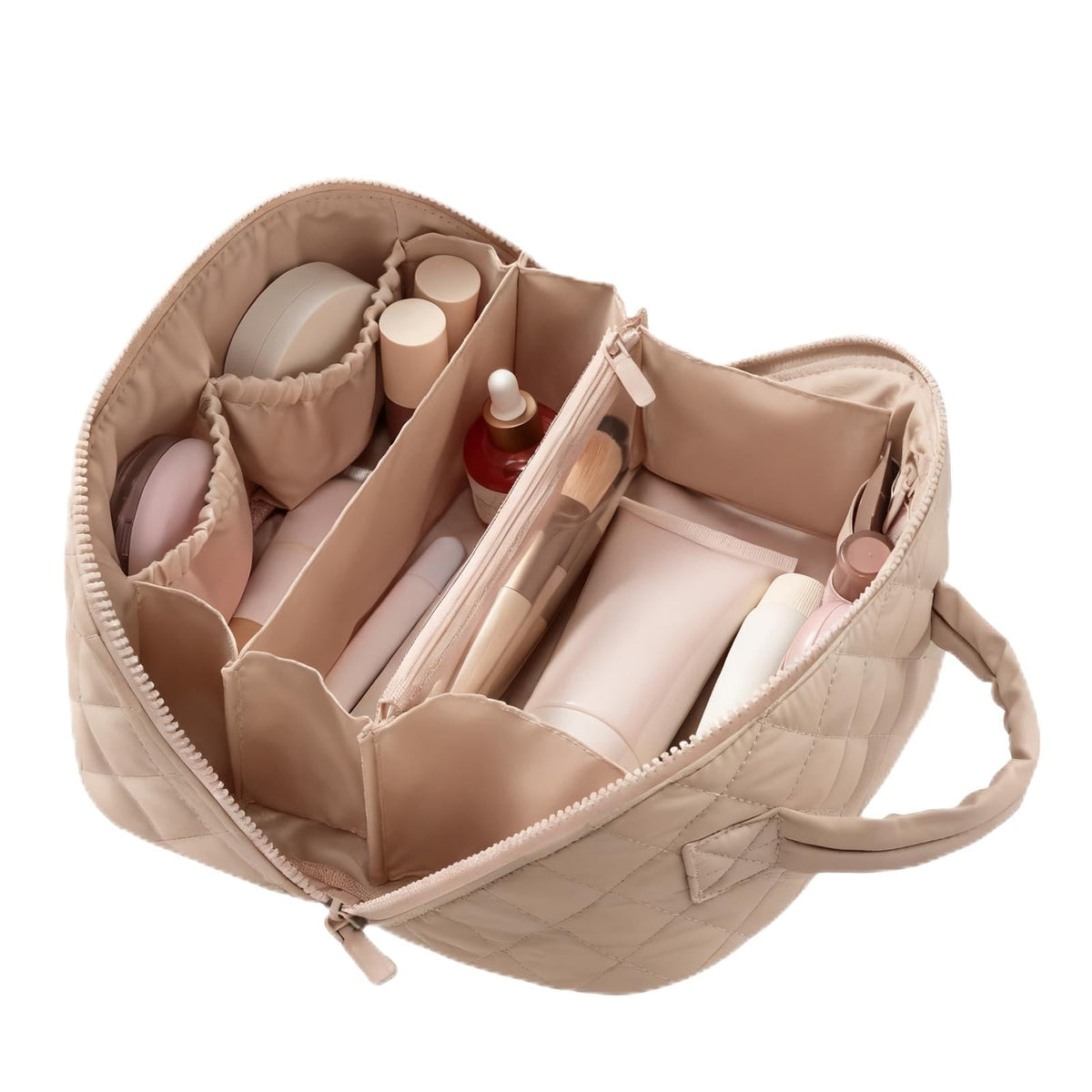 SEPSUMMER makeup bag wide-open shows roomy compartments for cosmetics on travel days