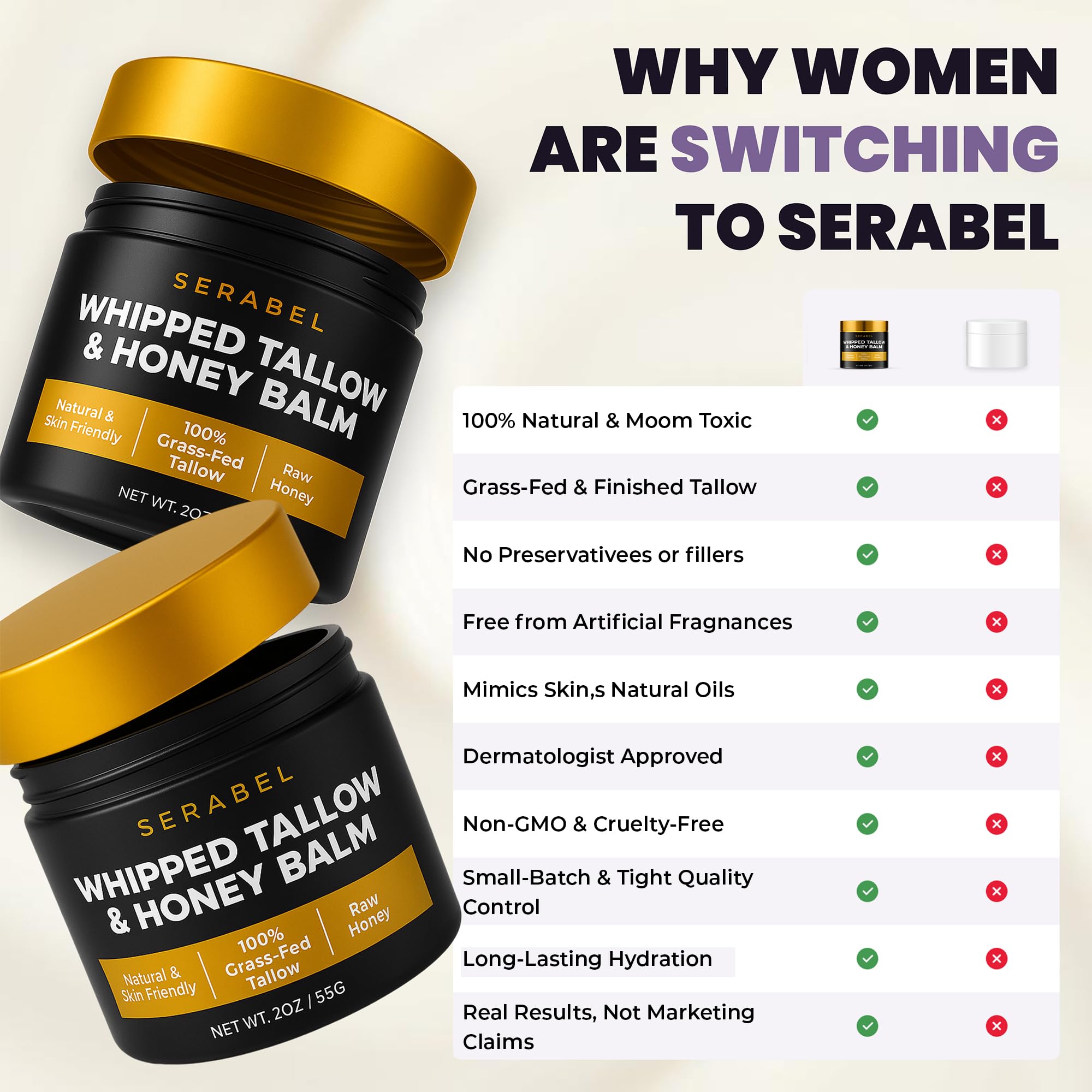 serabel tallow and honey balm organic ingredients highlight premium formula.