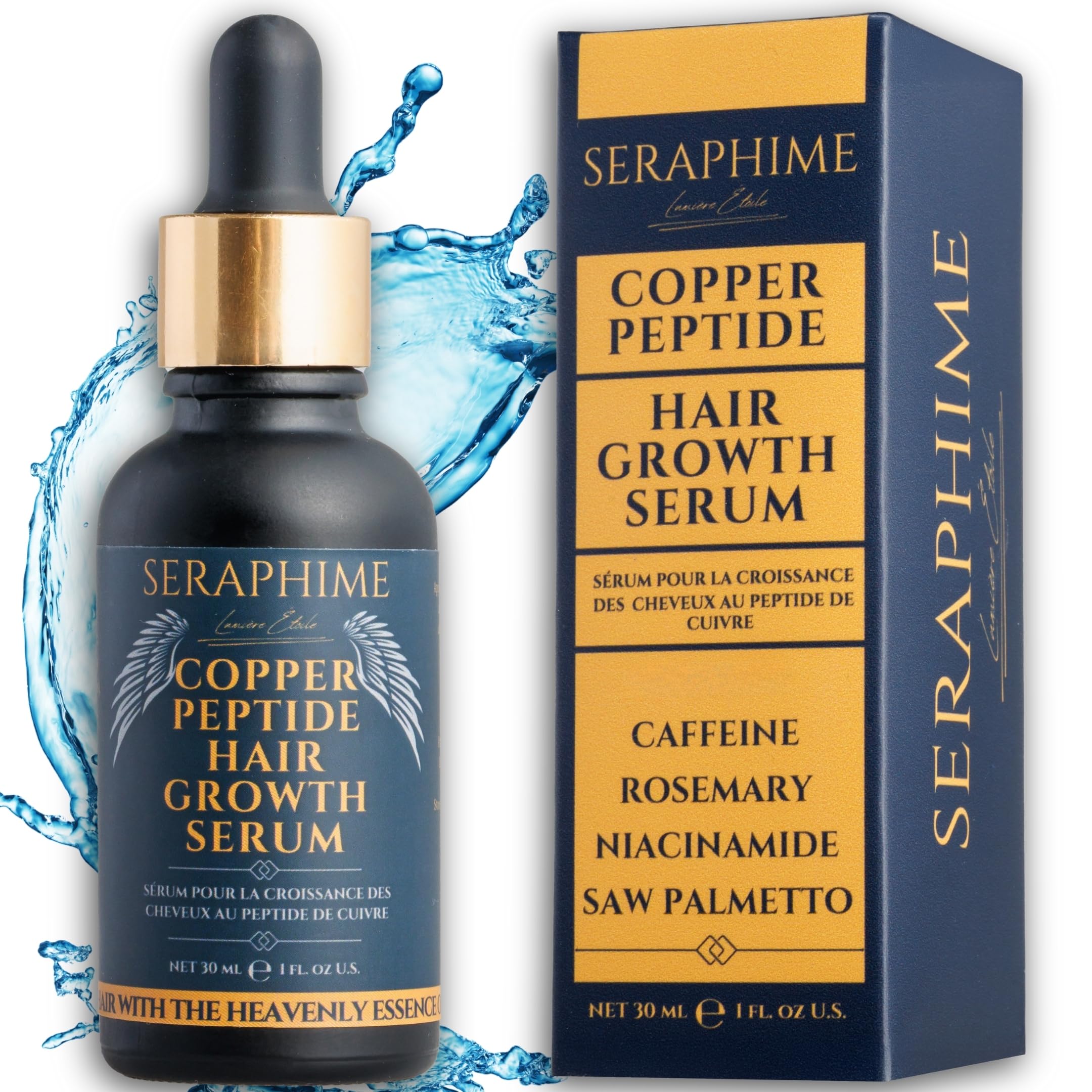 Seraphime Copper Peptide Serum bottle with dropper promoting potential hair density.