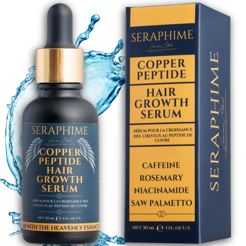 Seraphime Copper Peptide Serum bottle with dropper promoting potential hair density.