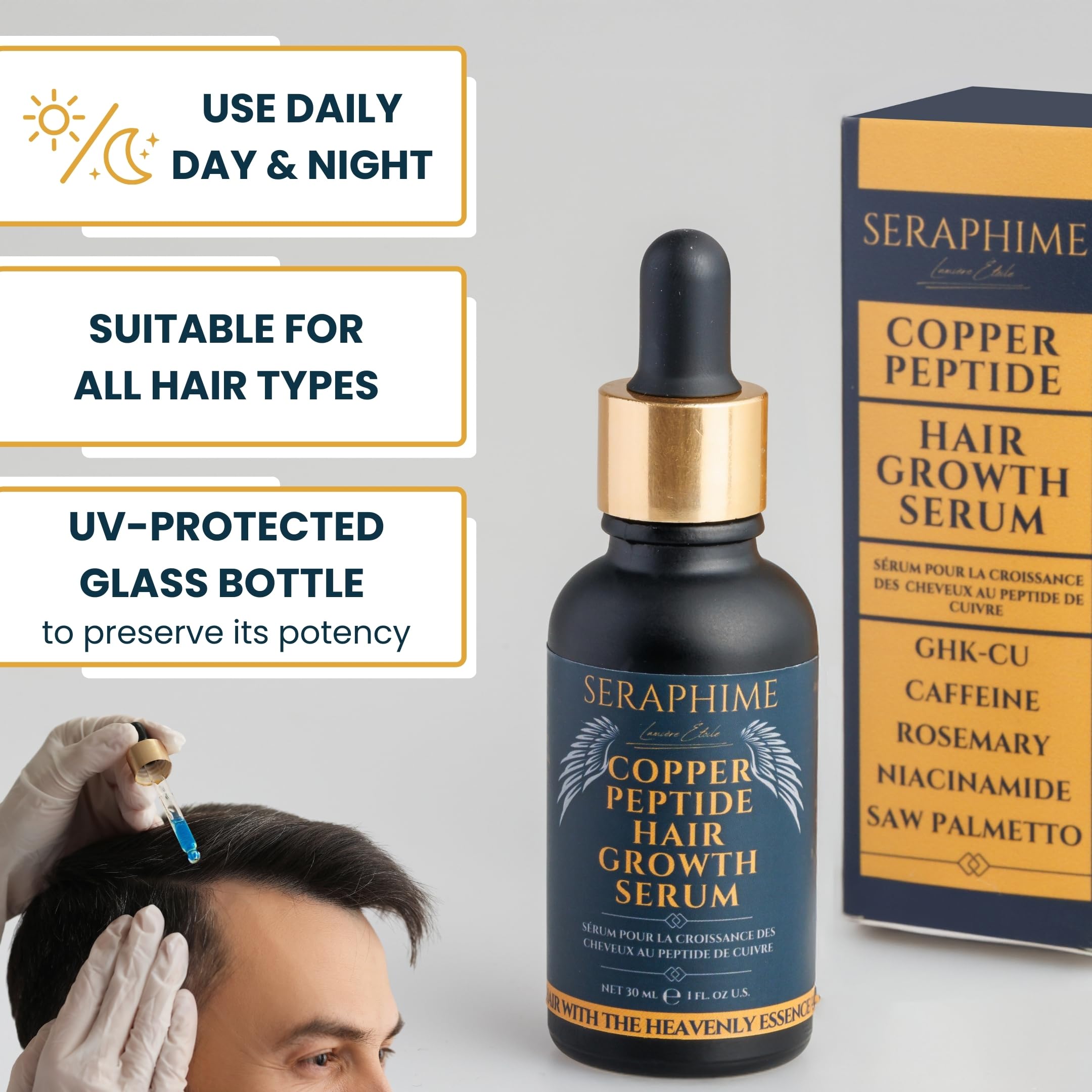 Seraphime Copper Peptide Serum beside botanical ingredients indicating nourishing scalp environment.