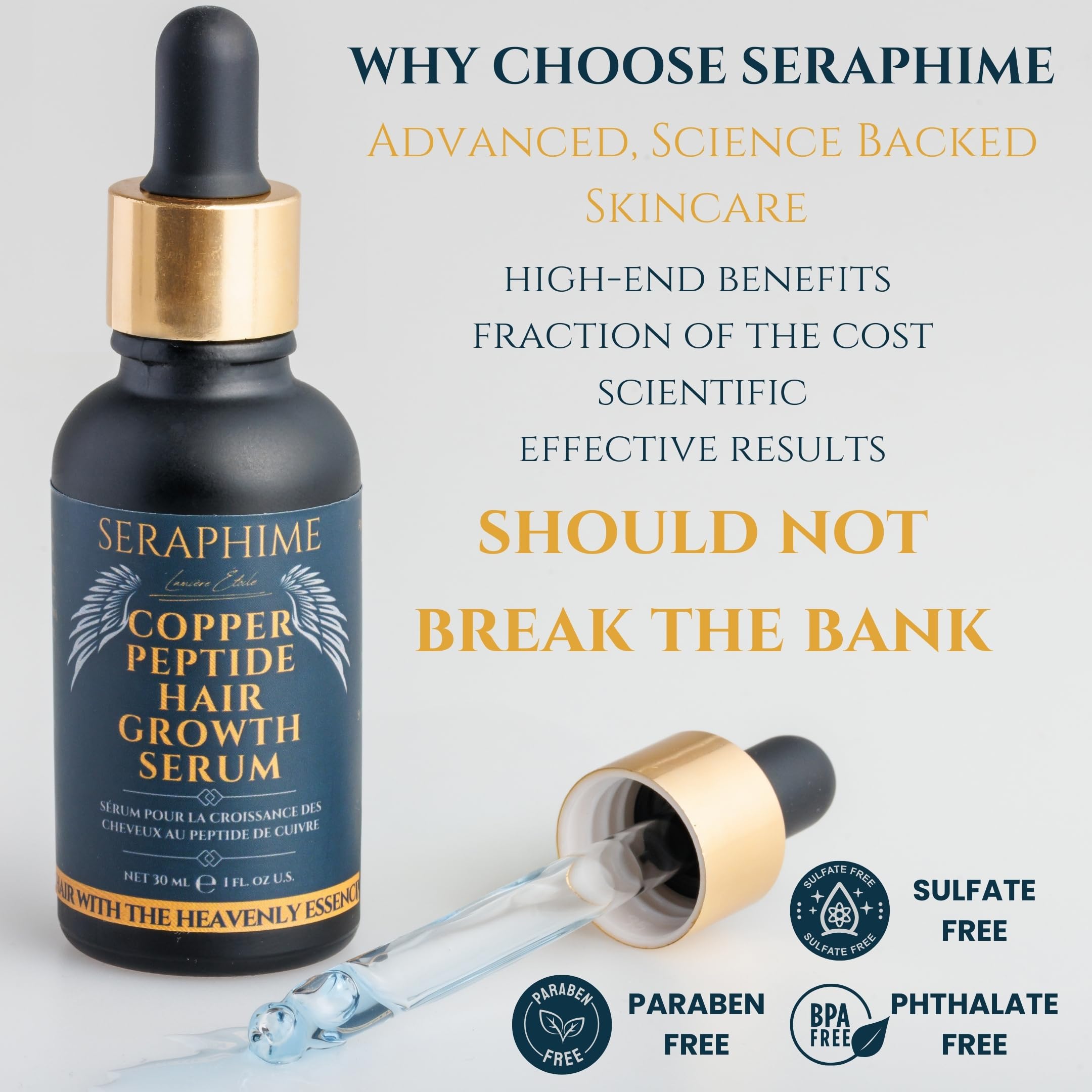 Seraphime Copper Peptide Serum box and bottle highlighting vegan, cruelty-free formula.