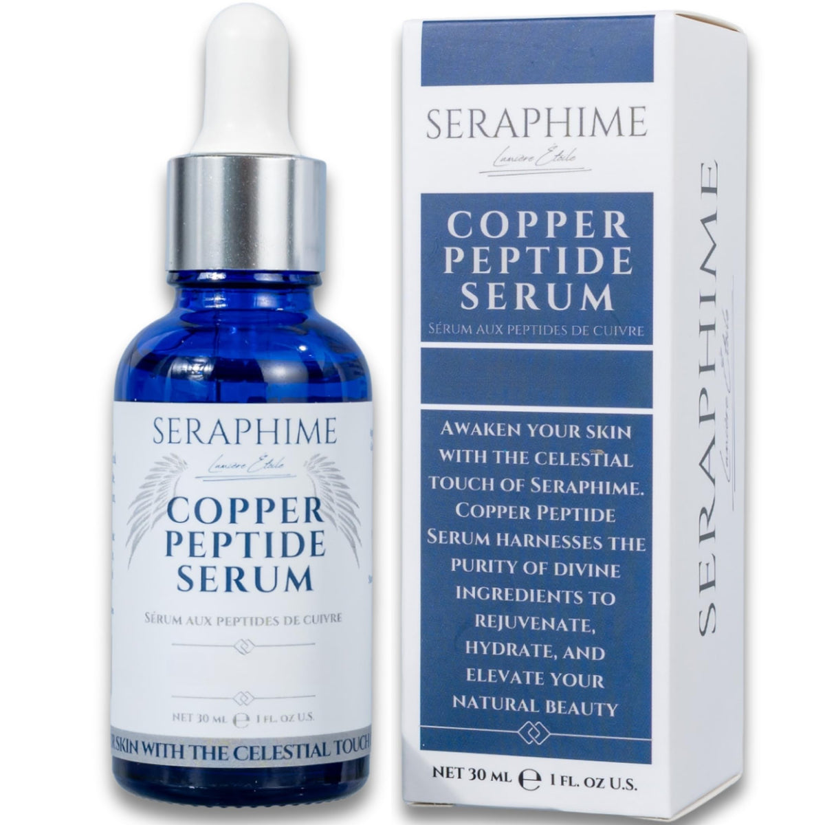 Seraphime copper peptides serum bottle hero shows quick, non-greasy hydration.