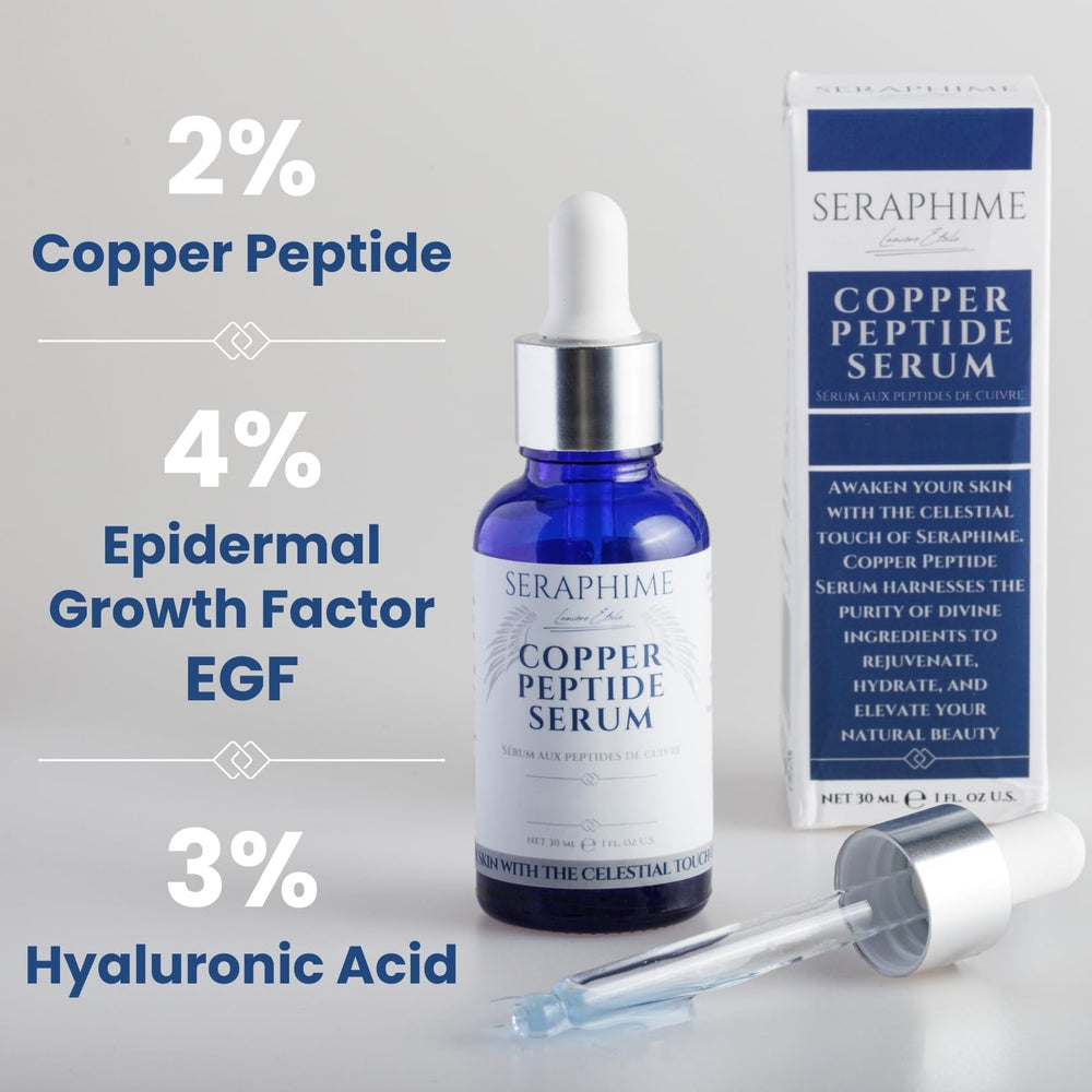 Seraphime copper peptides serum dispense pump close-up for controlled application.