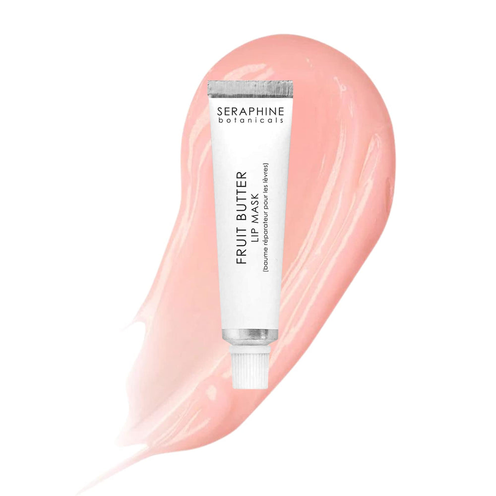Seraphine Botanicals Fruit Butter Restorative Lip Mask jar glistening with overnight hydration.