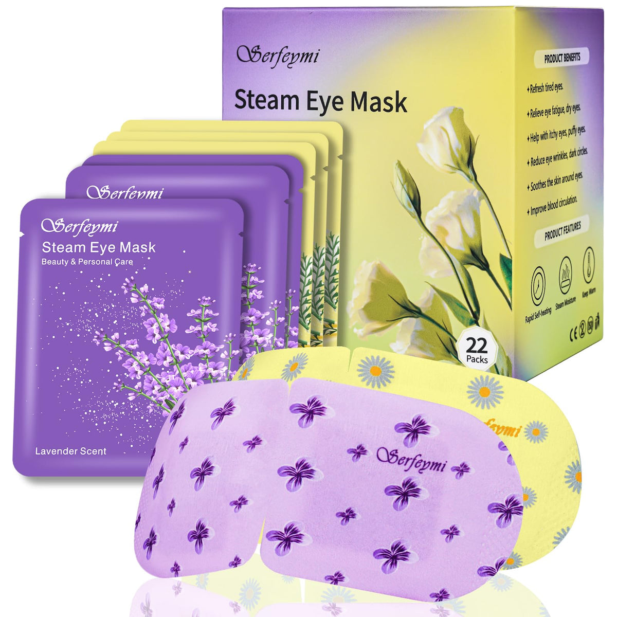 Serfeymi lavender steam eye mask package offers relaxing scent for bedtime stress relief
