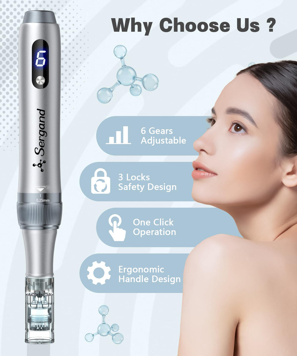 Sergand derma roller pen in-use with serums for improved product penetration.
