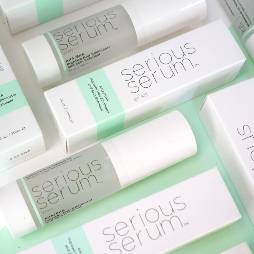 Serious Serum aloe green-tea chamomile blend close-up implies calming hydration.