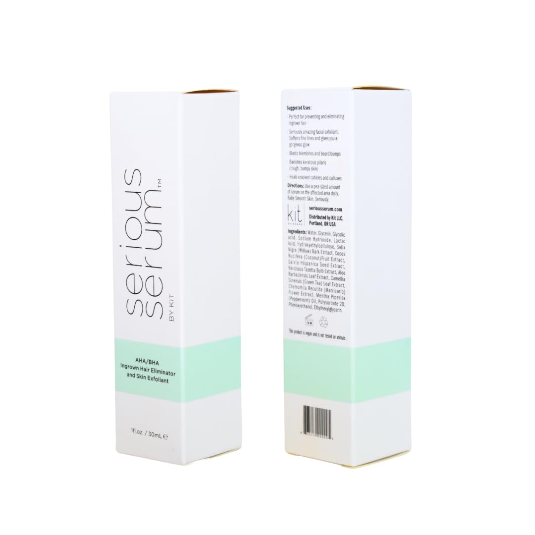 Serious Serum bottle-and-drops image showcases gentle exfoliation and skin smoothing.