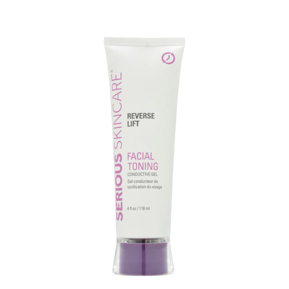 Serious Skincare collagen conductive gel bottle shows smooth glide for microcurrent sessions.
