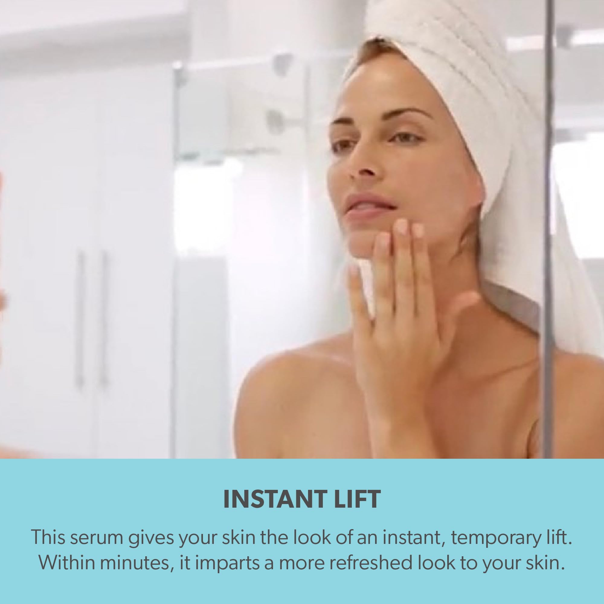 Serious Skincare INSTA-TOX after-three-minutes result concept illustrates instant tightening feel.
