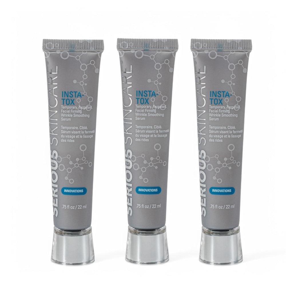Serious Skincare INSTA-TOX serum bottle closeup shows instant firming potential.
