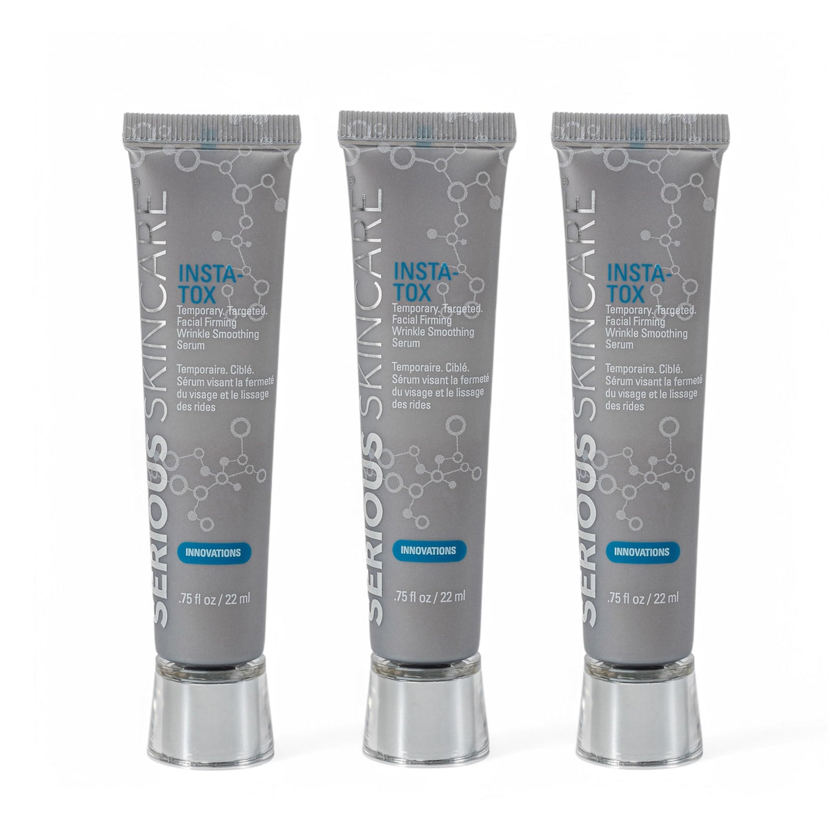 Serious Skincare INSTA-TOX serum bottle closeup shows instant firming potential.