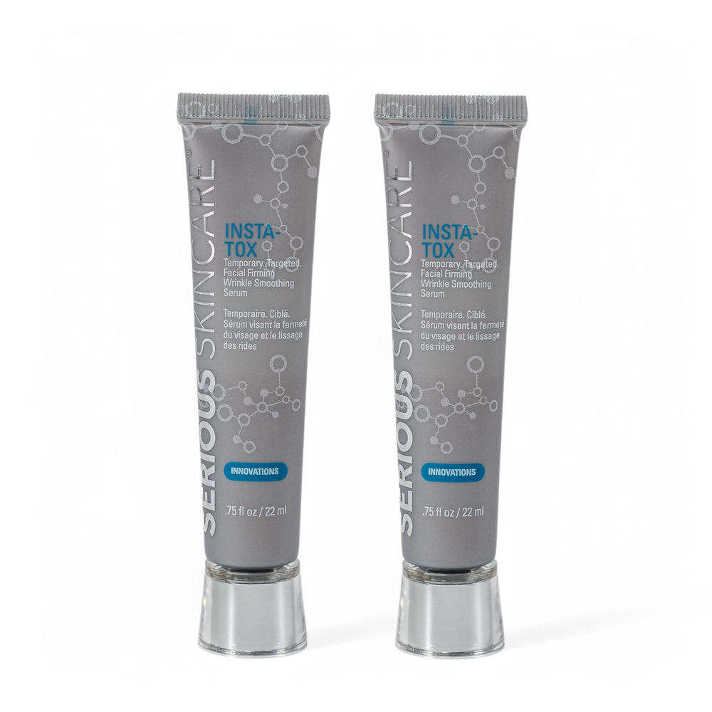 Serious Skincare INSTA-TOX serum tube closeup highlighting instant tightening for smoother skin