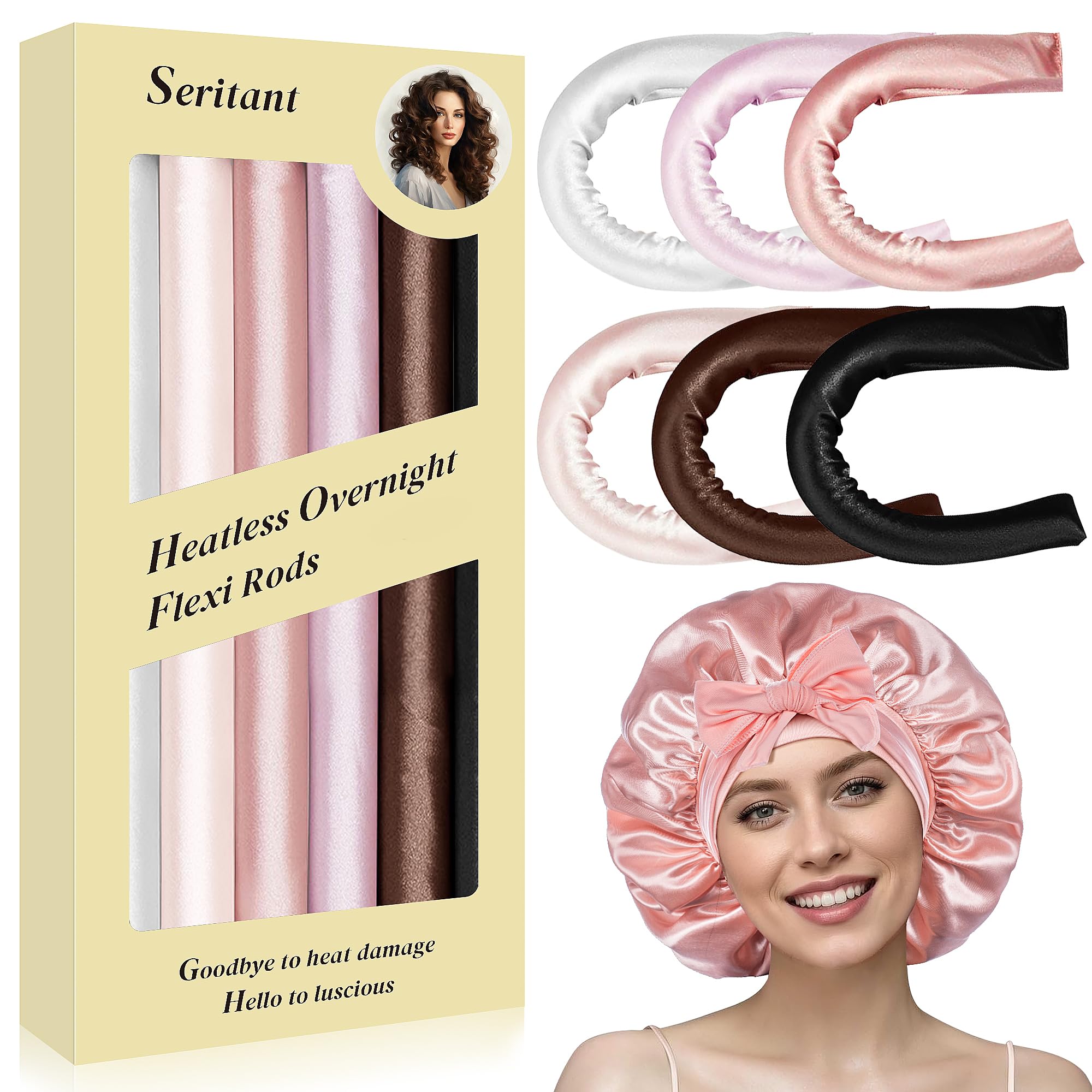 Seritant heatless curls overnight rods set with satin bonnet, for gentle no-heat styling before bed.