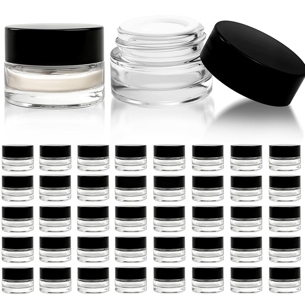 Seuqhck 5ml glass jar with black lid front view for samples and travel