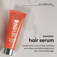 SEVEN Gazar Diamond Hair Serum close-up shows frizz control in humid conditions.