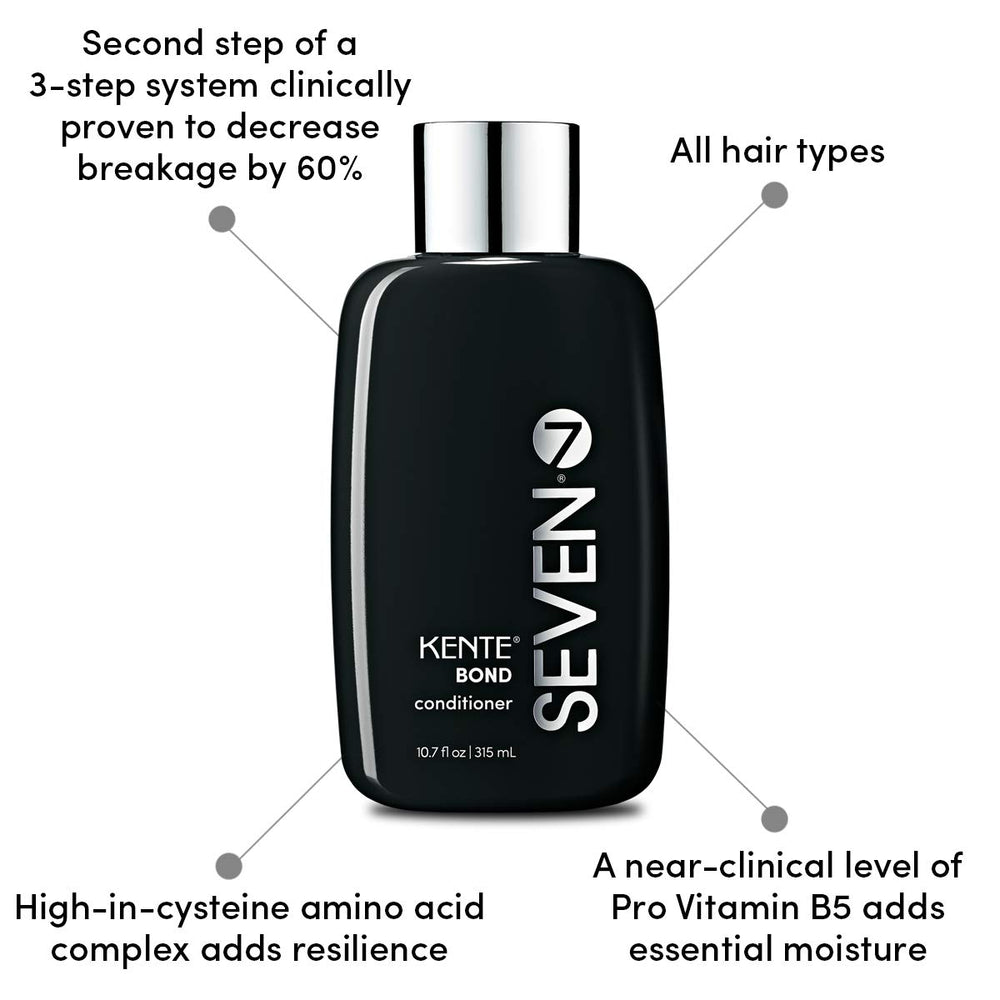 SEVEN KENTE BOND conditioner on a bathroom shelf emphasizes sulfate-free, cruelty-free formula.