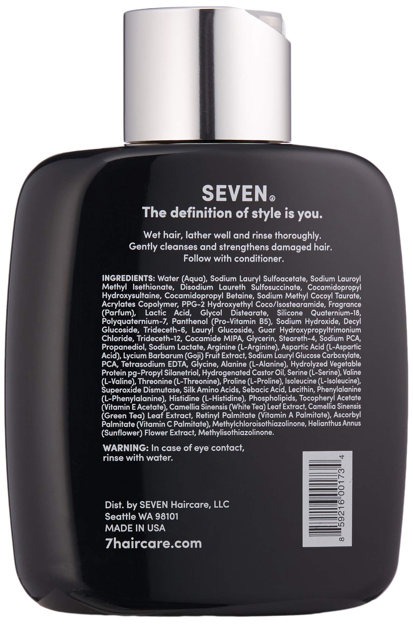 SEVEN KENTE BOND Shampoo bottle back highlights cruelty-free, color-safe details for all hair types.