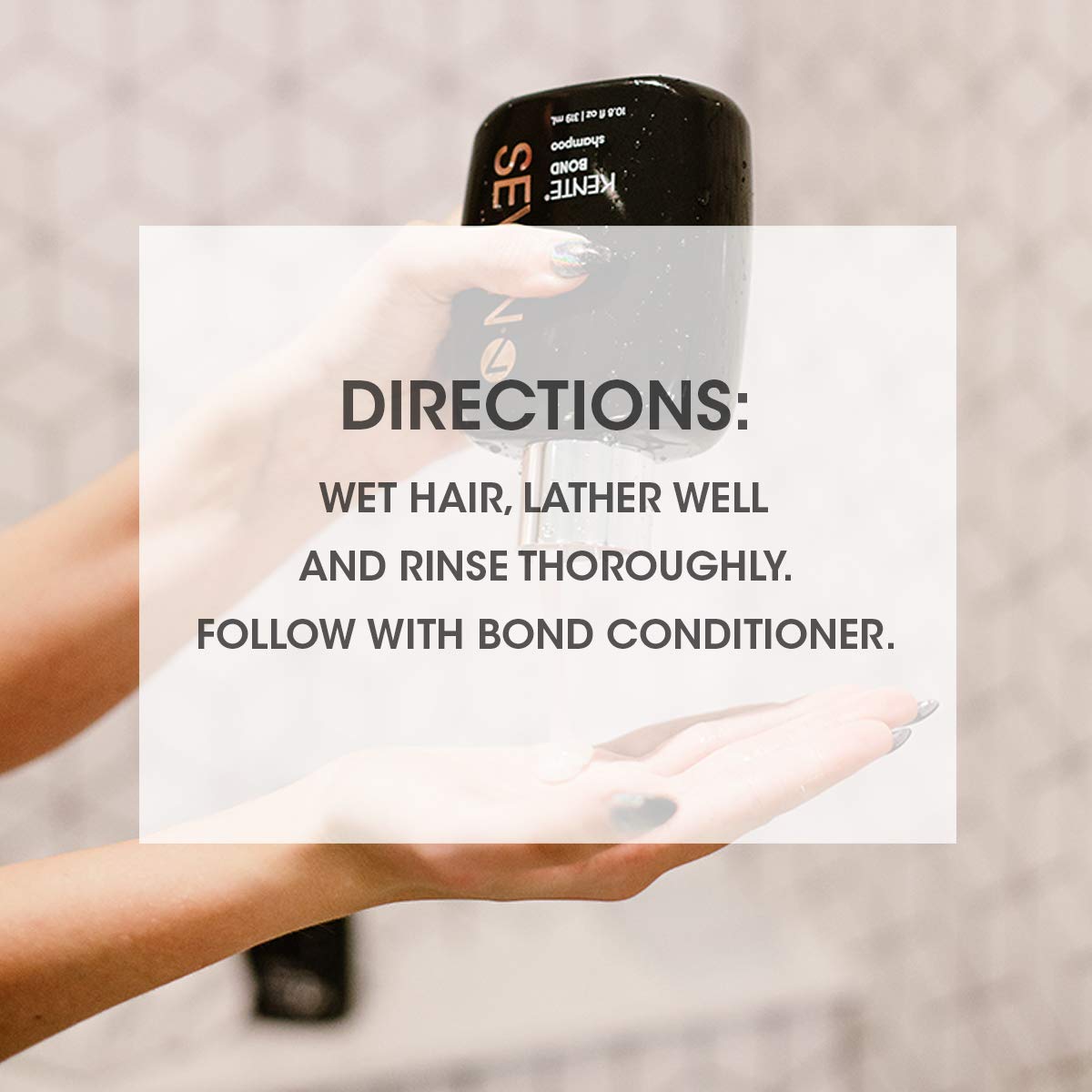 SEVEN KENTE BOND Shampoo close-up hair illustration shows hydration and shine after use.