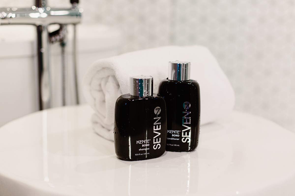 SEVEN KENTE BOND Shampoo USA-made badge on bottle reassures local production.