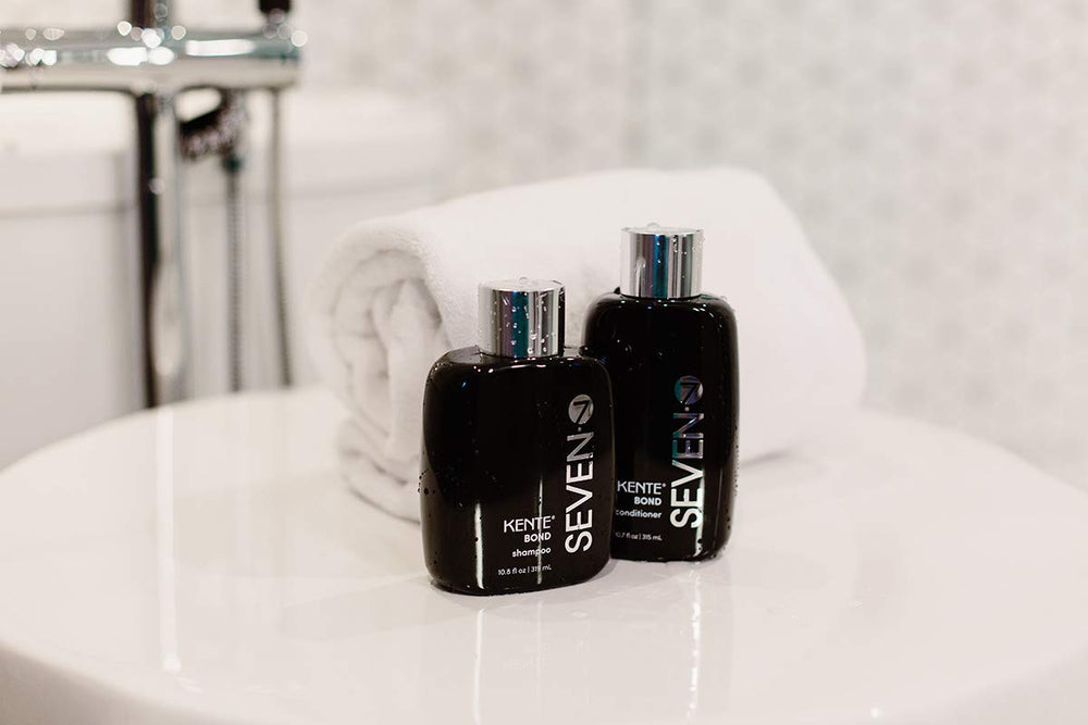SEVEN KENTE BOND Shampoo USA-made badge on bottle reassures local production.