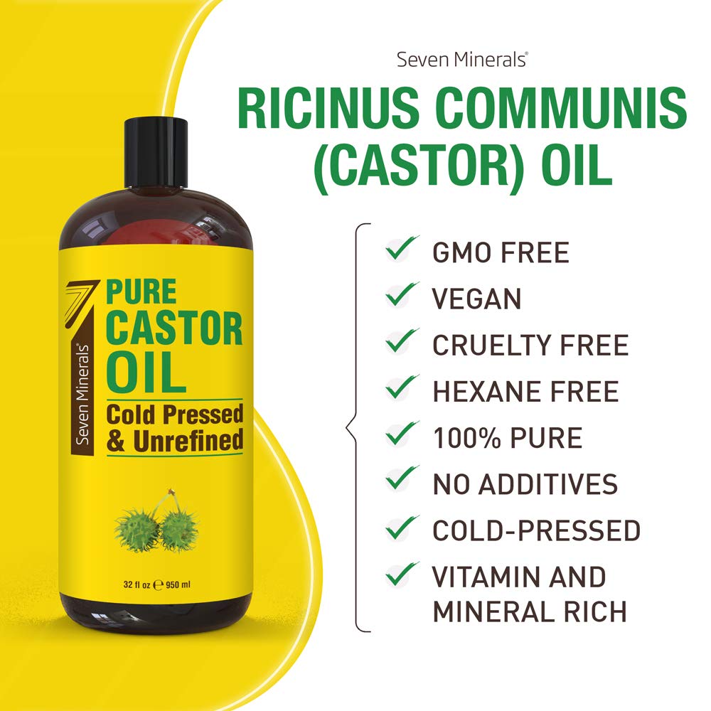 Seven Minerals 32oz castor oil jar emphasizes value and eco-friendly packaging.