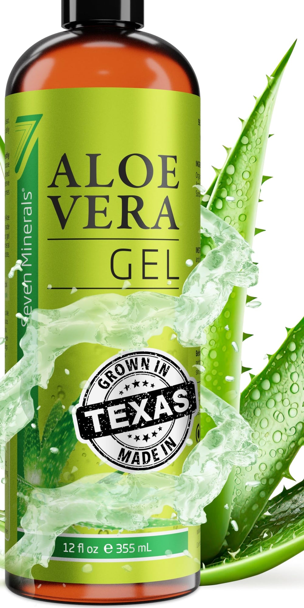 Seven Minerals Aloe Gel bottle front shows 12 oz size for daily soothing