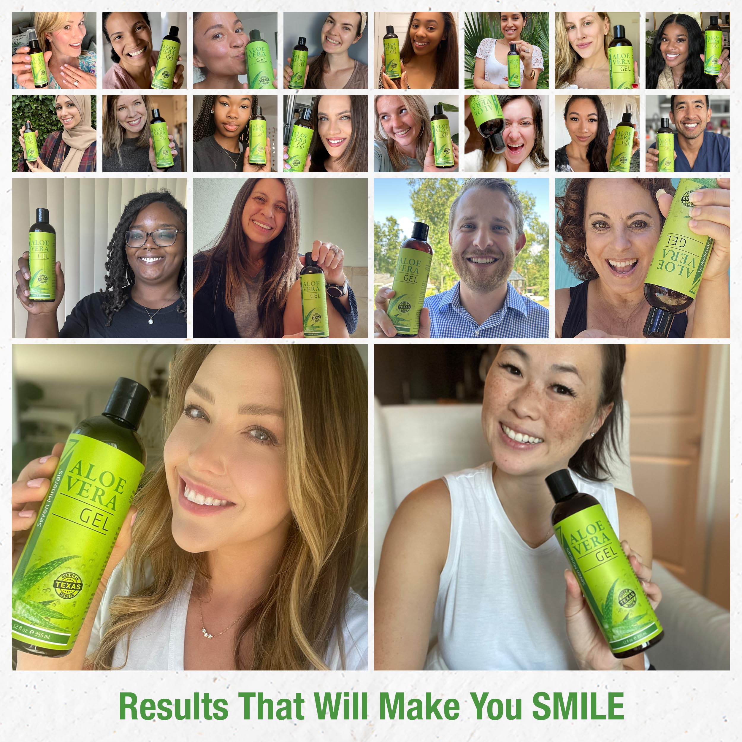 Seven Minerals Aloe Gel on face demonstrates daily skincare use for soft, healthy-looking skin.