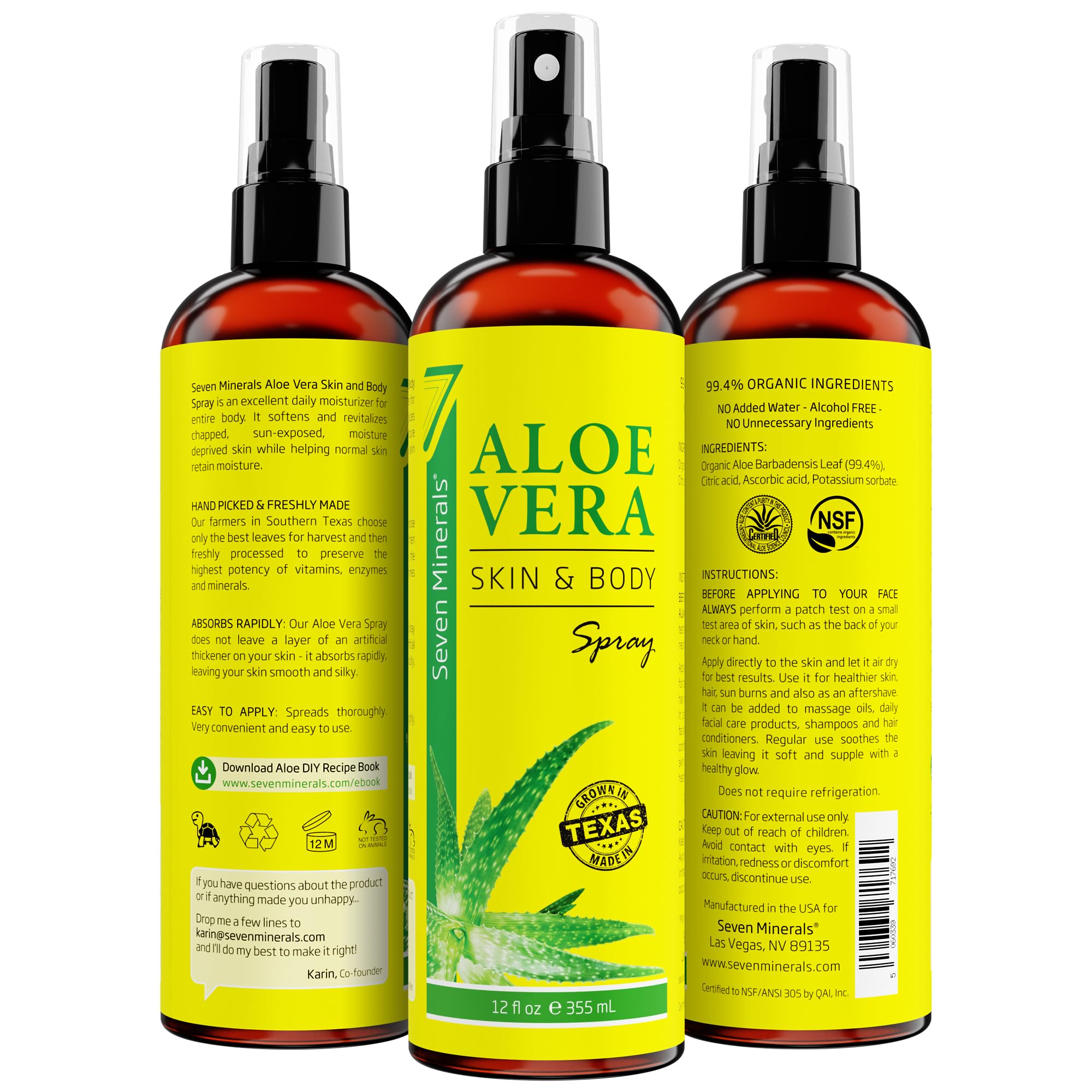 Seven Minerals Aloe Vera USA-Made bottle shows rapid absorption with no residue.
