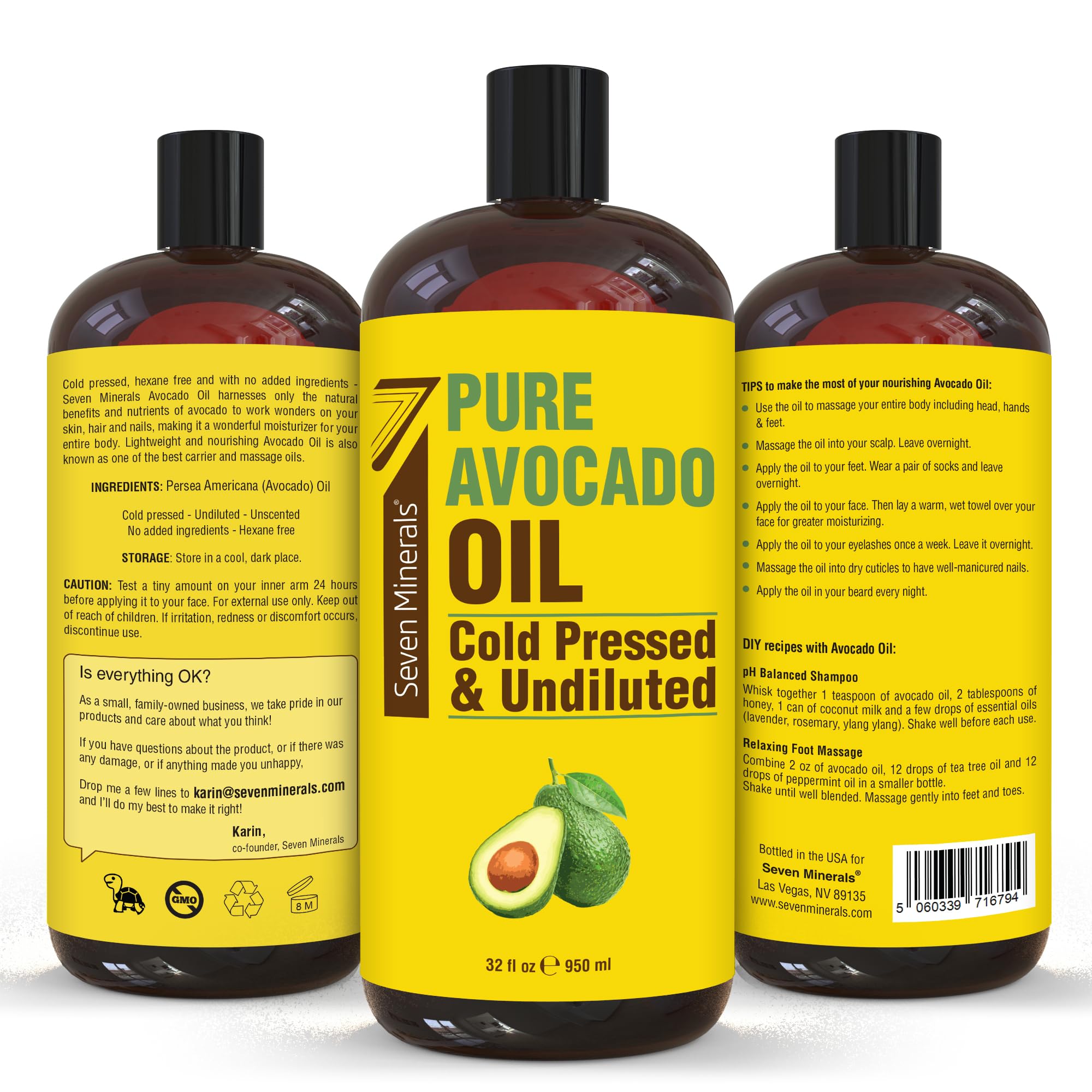Seven Minerals avocado oil 32oz packaging emphasizes value and long-lasting skin and hair care.