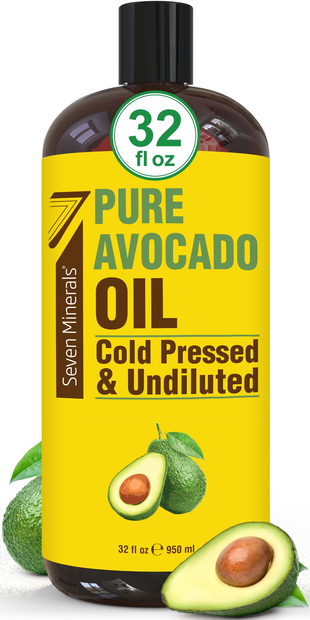 Seven Minerals avocado oil amber bottle pour delivers pure nourishment for hair and skin.