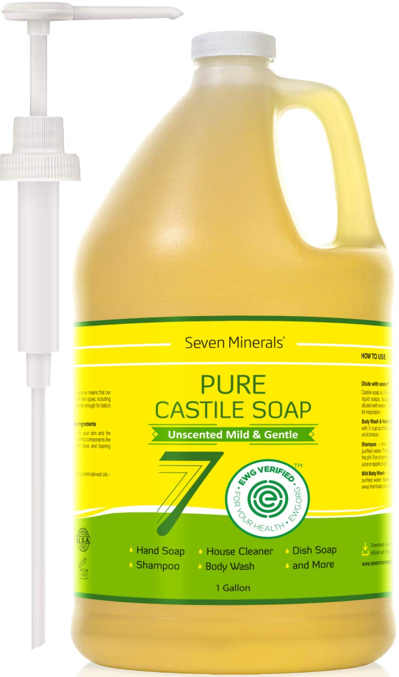 Seven Minerals castile soap 1gal bottle for gentle cleansing and versatile use.
